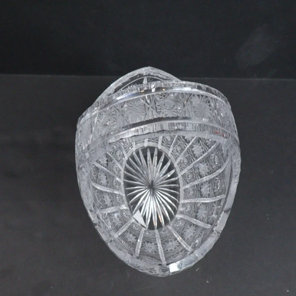VTG Crystal Oval Basket Clear Glass Dish Bowl Handle Queens Lace Design